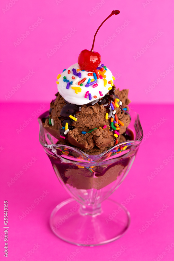 A Chocolate Sundae with Sprinkles and a Cherry on a Pink Background A Chocolate Sundae with Sprinkles and a Cherry on a Pink Background