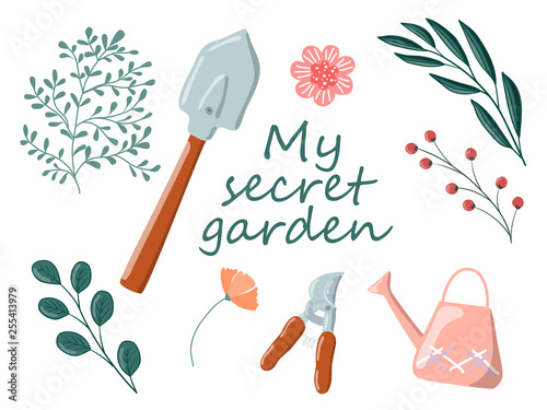 Garden tools and plants vector hand drawn design elements