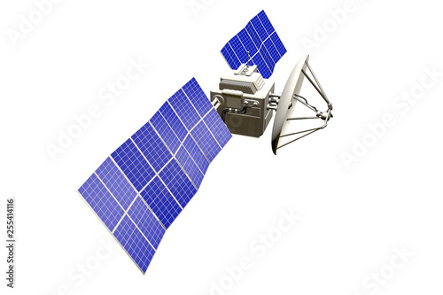Industrial illustration of orbital satellite with huge sun panels isolated on clear white background - 3D Illustration
