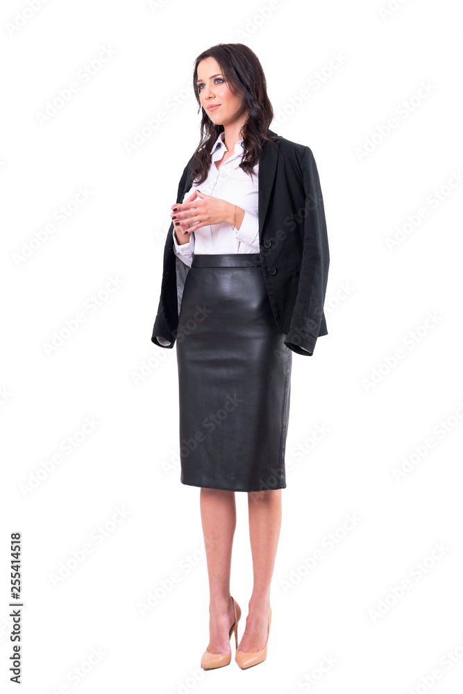 Successful happy confident modern business woman looking away with steeple hand pose. Full body isolated on white background. Successful happy confident modern business woman looking away with steeple hand pose. Full body isolated on white background.