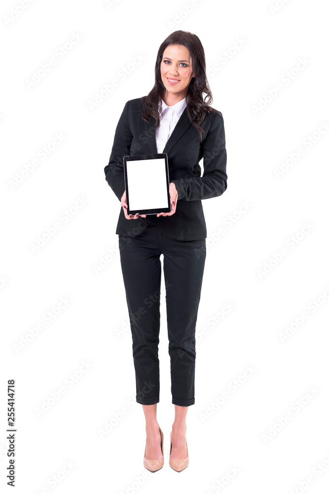 Happy smiling business woman presenting blank tablet computer screen or app. Full body isolated on white background. Happy smiling business woman presenting blank tablet computer screen or app. Full body isolated on white background.