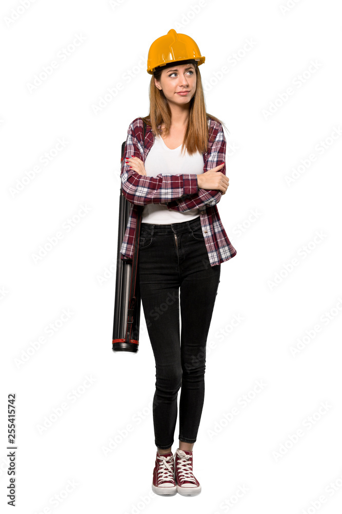 A full-length shot of a Architect woman making doubts gesture while lifting the shoulders over isolated white background A full-length shot of a Architect woman making doubts gesture while lifting the shoulders over isolated white background