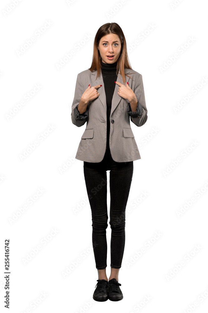 Fototapeta premium A full-length shot of a Business woman with surprise facial expression over isolated white background