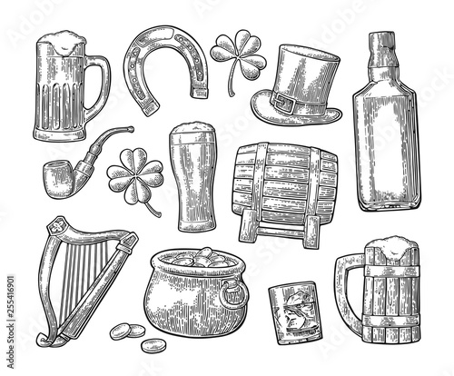 Saint Patrick Day. hat, Pot coins, pipe, beer, lyre, horseshoe