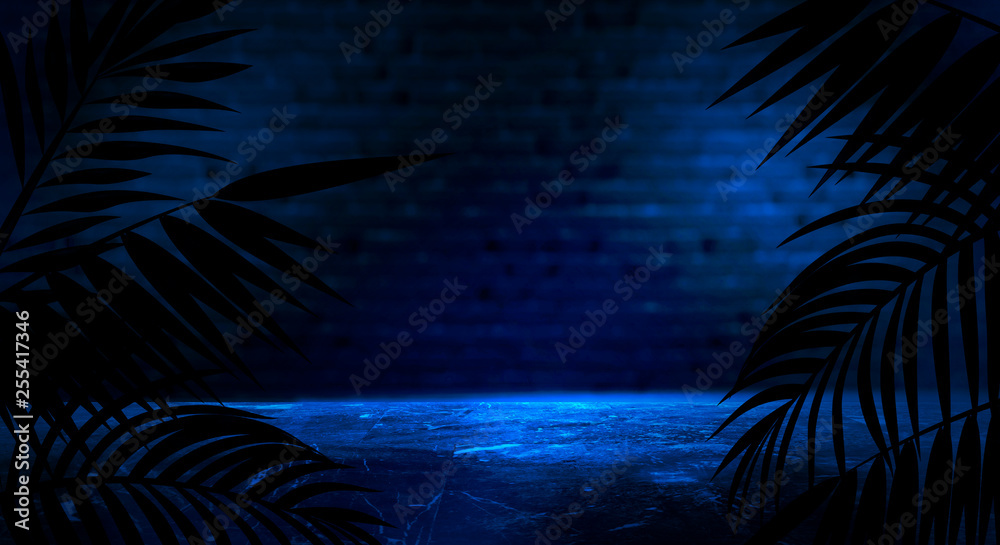 Background of the dark room, tunnel, corridor, neon light, lamps, tropical leaves. Abstract background with new light. 