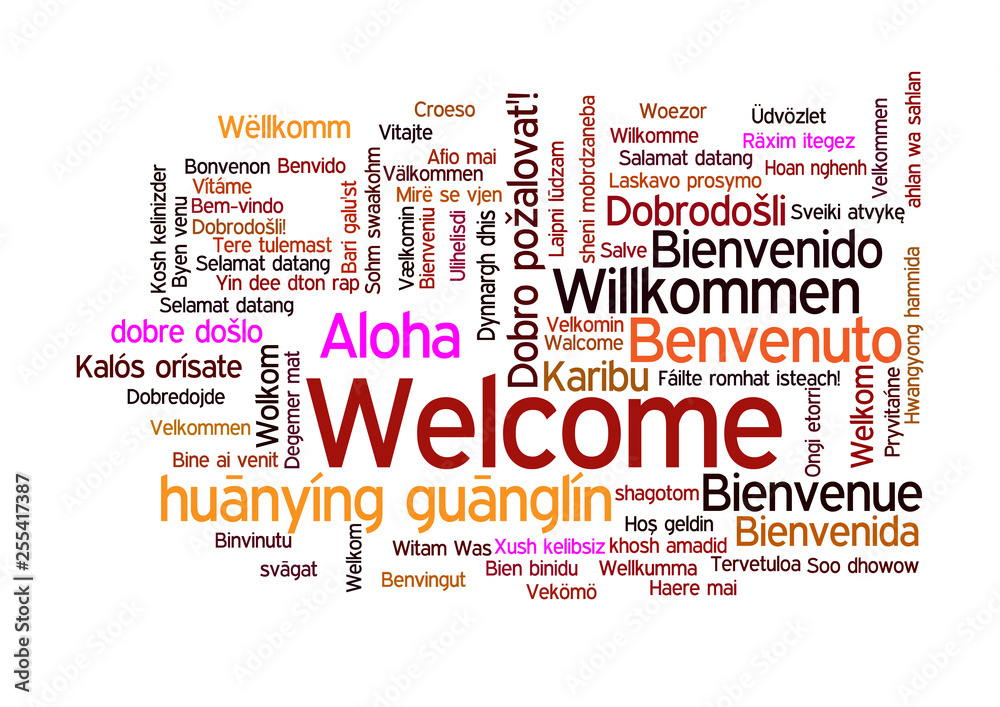 Fototapeta premium Word Tag Cloud, shows equivalents of 'Welcome'