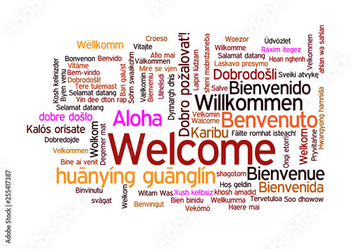Word Tag Cloud, shows equivalents of 'Welcome'