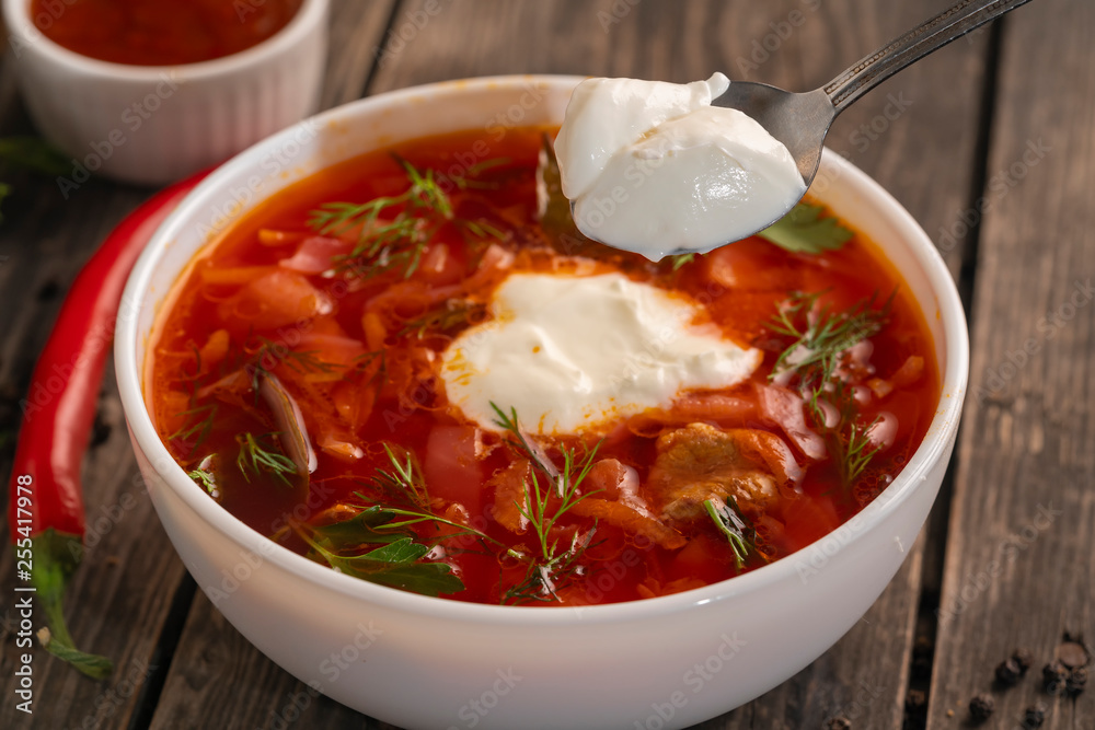 photo for menu, Russian borscht with sour cream garlic pepper and sauce, Ukrainian borscht with sour cream photo for menu, Russian borscht with sour cream garlic pepper and sauce, Ukrainian borscht with sour cream