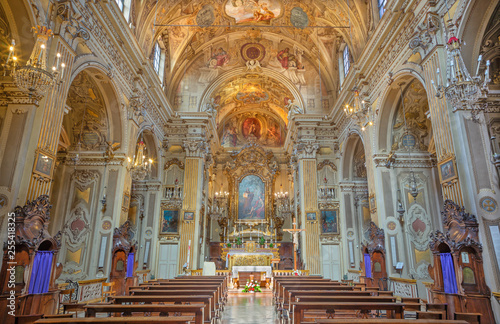 MODENA  ITALY - APRIL 14  2018  The baroque ceiling fresco with St. Barbara in church Chiesa di San Barnaba by Sigismondo Caula and Antonio Mannini from begin of 18. cent.