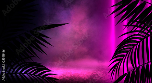 Background of the dark room, tunnel, corridor, neon light, lamps, tropical leaves. Abstract background with new light.  © MiaStendal