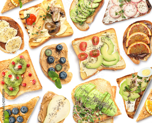 Set of delicious toasts with chia seeds and different toppings on white background, top view
