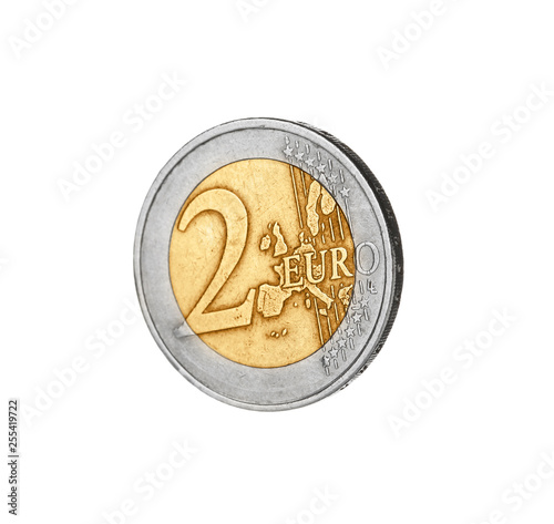Shiny two euro coin on white background