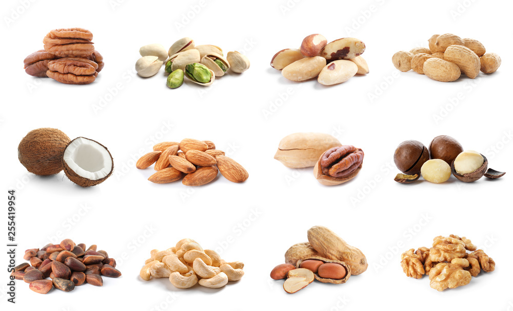 Set of different delicious organic nuts on white background Set of different delicious organic nuts on white background