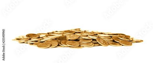 Pile of shiny coins on white background photo