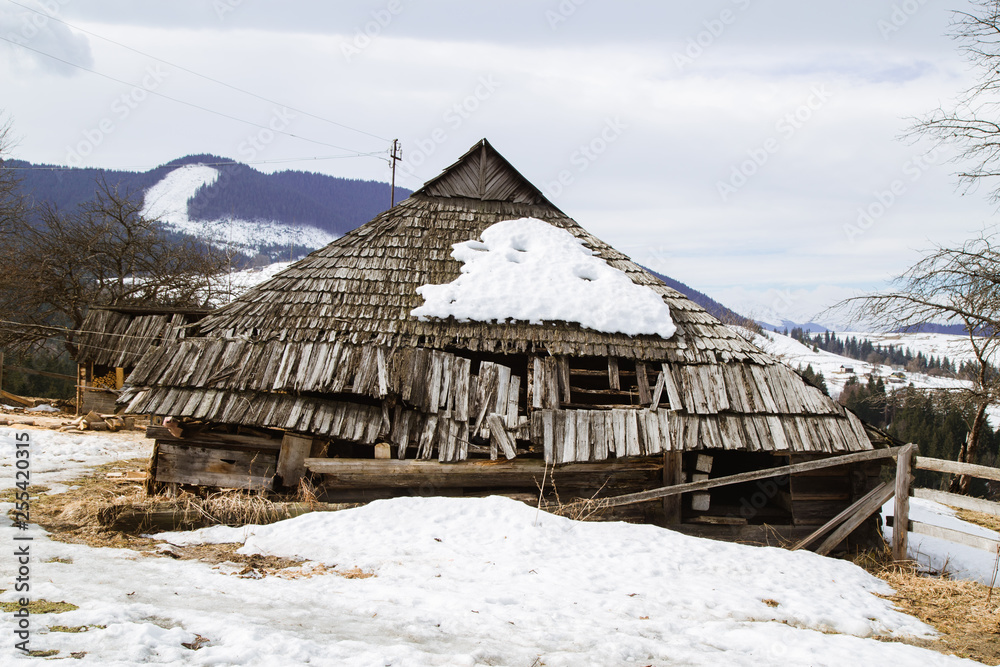 Title: Spring vs winter landscape in the Carpathian mountains