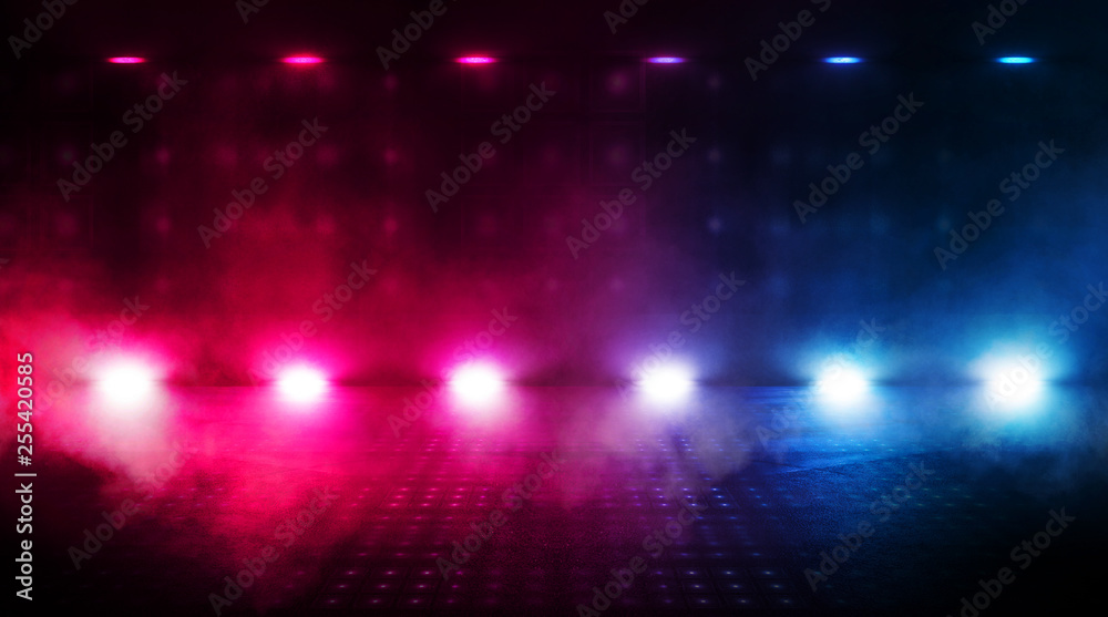 Obraz premium Dark empty scene, blue neon searchlight light, wet asphalt, smoke, night view, rays.