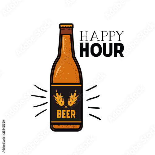 happy hour label with beer isolated icon