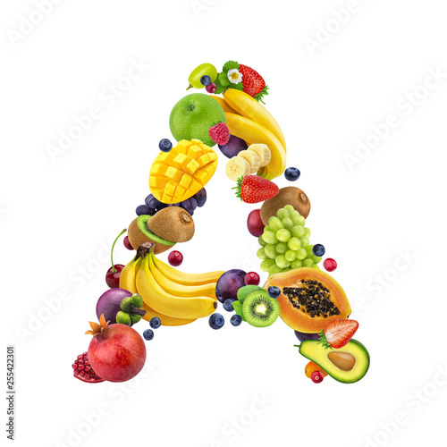 Letter A made of different fruits and berries  fruit alphabet isolated on white background