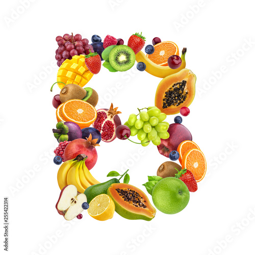 Fototapeta Naklejka Na Ścianę i Meble -  Letter B made of different fruits and berries, fruit font isolated on white background