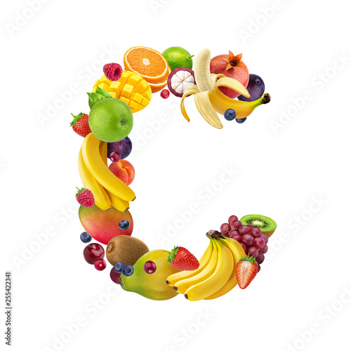 Fototapeta Naklejka Na Ścianę i Meble -  Letter C made of different fruits and berries, fruit alphabet isolated on white background