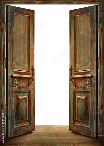 Old vintage opened doors with white background