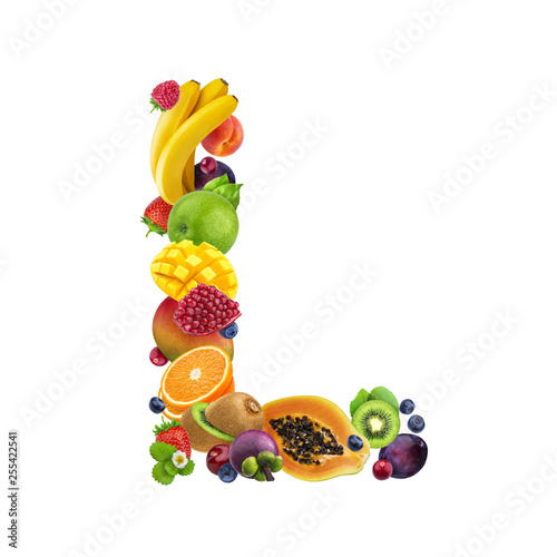 Letter  L  made of different fruits and berries  fruit alphabet isolated on white background