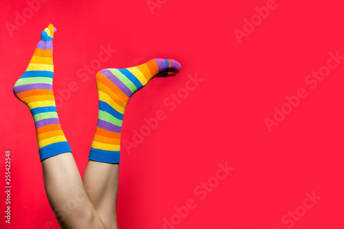 Legs in funny socks on bright red background photo