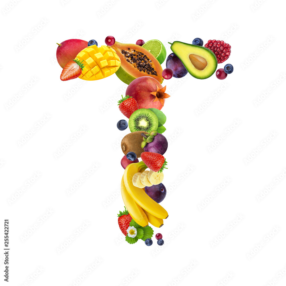 Letter T made of different fruits and berries, fruit alphabet isolated on white background