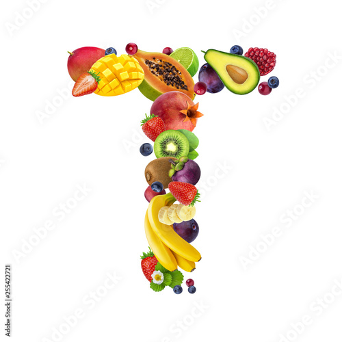 Letter T made of different fruits and berries  fruit alphabet isolated on white background
