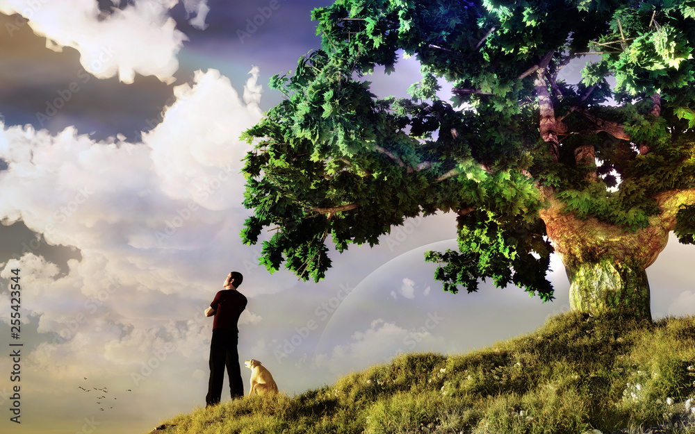 Man On Top Of A Green Hill With View Of Majestic