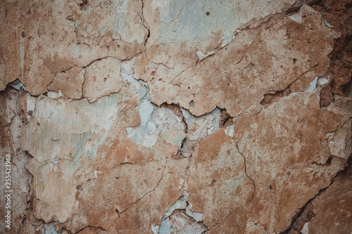 Retro abstract closeup of brown ruined wall. Brown cement concrete stucco. Brown stucco wall background grungy texture. Cracks in the wall.