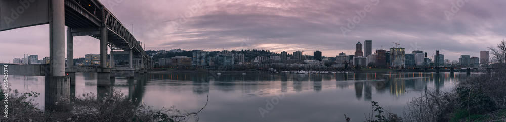 Panorama of Portland Oregon from east bank waterfront esplanade 