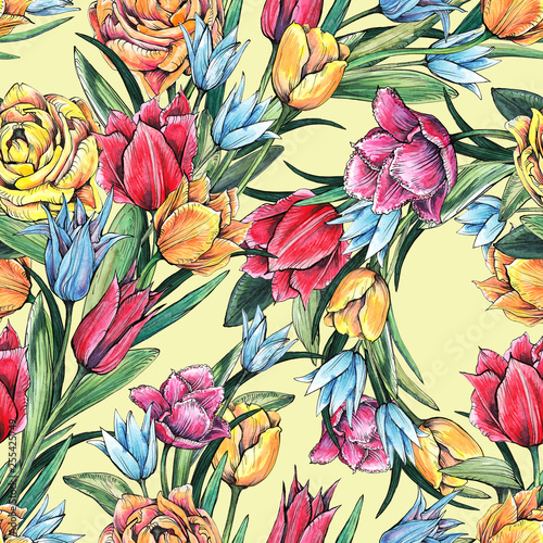 Tulips seamless pattern. Graphics and watercolor handmade. Design wallpaper  fabric and packaging.