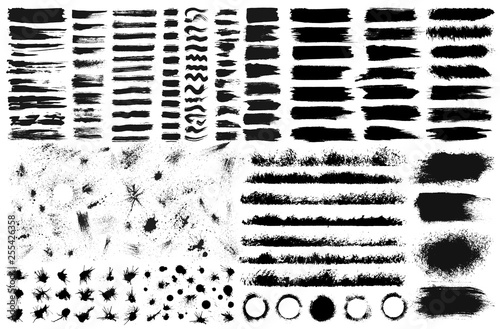 Large set of hand drawn grunge elements isolated on white background. Black ink borders, brush strokes, stains, banners, blots, splatters, spray. Vector illustration photo
