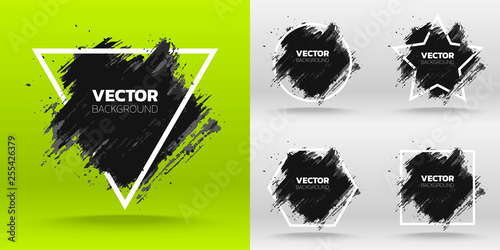 Set of Black grunge abstract background template. Brush paint ink stroke design over white frame. Vector illustration