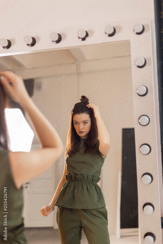 Sexy elegant woman natural beauty fashion style clothes casual formal  dress lady glamour model trend dark hair brunette makeup accessory.