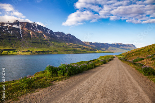 Scenic gravel road along Seydisfjordur fjord in Eastern Iceland Scandinavia