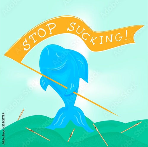 Stop sucking. Sad fish with flag. Аish swims in the dirty sea among plastic straws