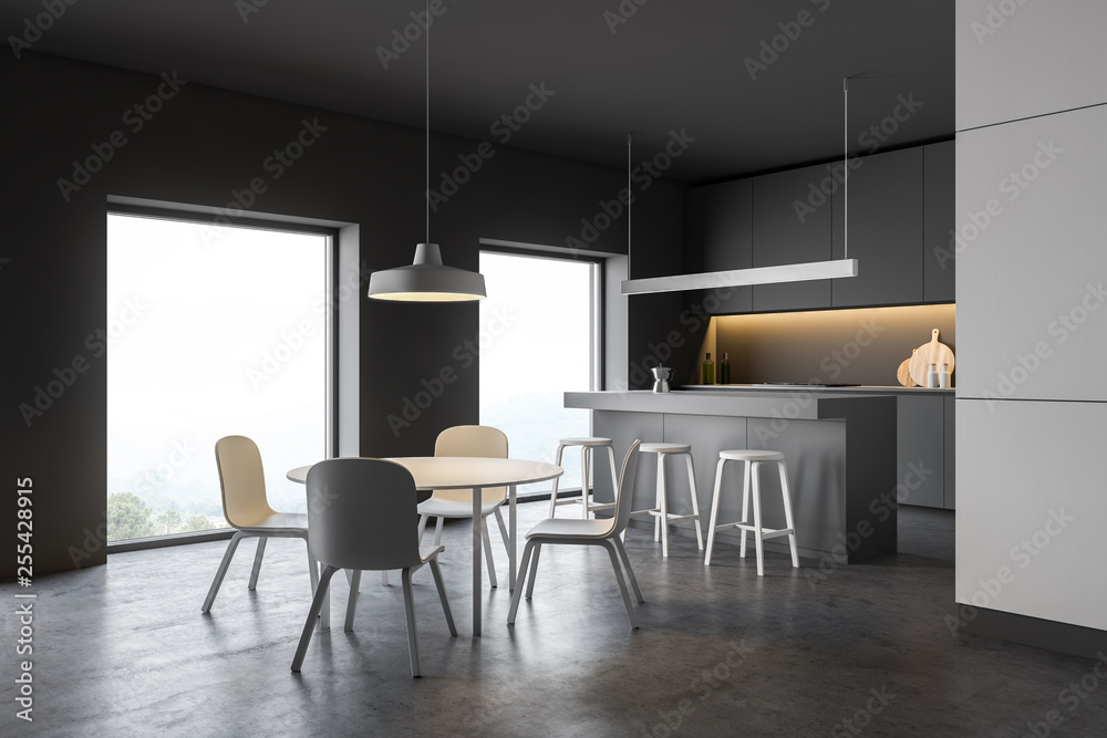 Modern disign kitchen interior with window and city veiw. 3d Render. Modern disign kitchen interior with window and city veiw. 3d Render.