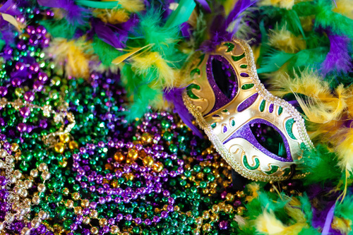 Tableau sur toile Mardi gras mask, beads and feathers background
