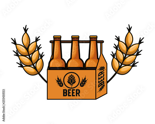 box with beer bottles and wheat isolated icon
