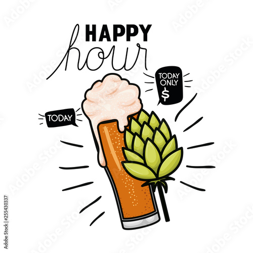 happy hour label with beer isolated icon
