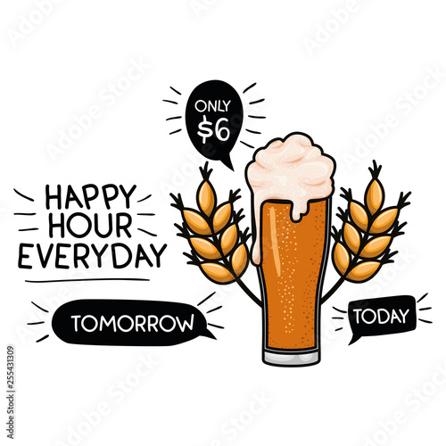 happy hour label with beer isolated icon