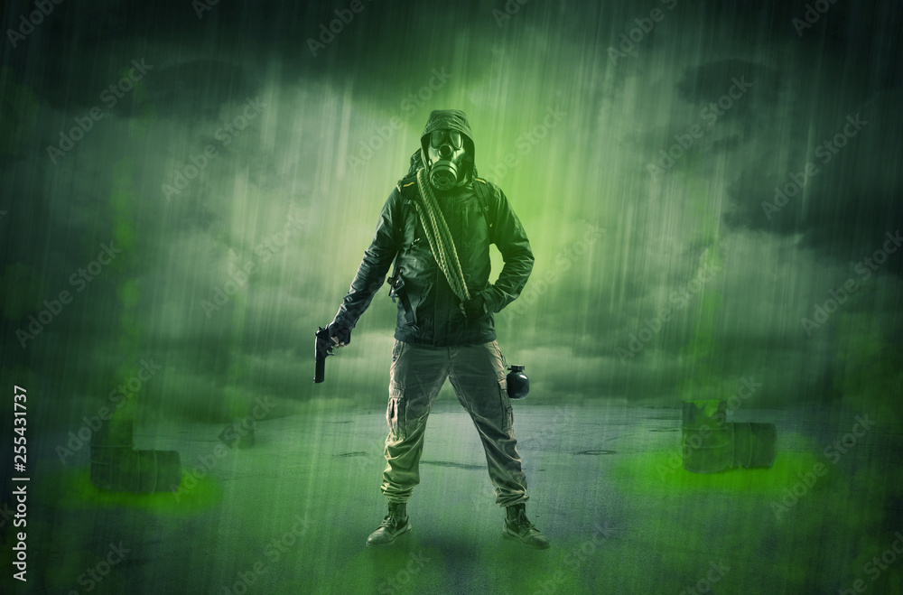 Masked unrecognizable guard in an abandoned space after explosion
Masked unrecognizable guard in an abandoned space after explosion