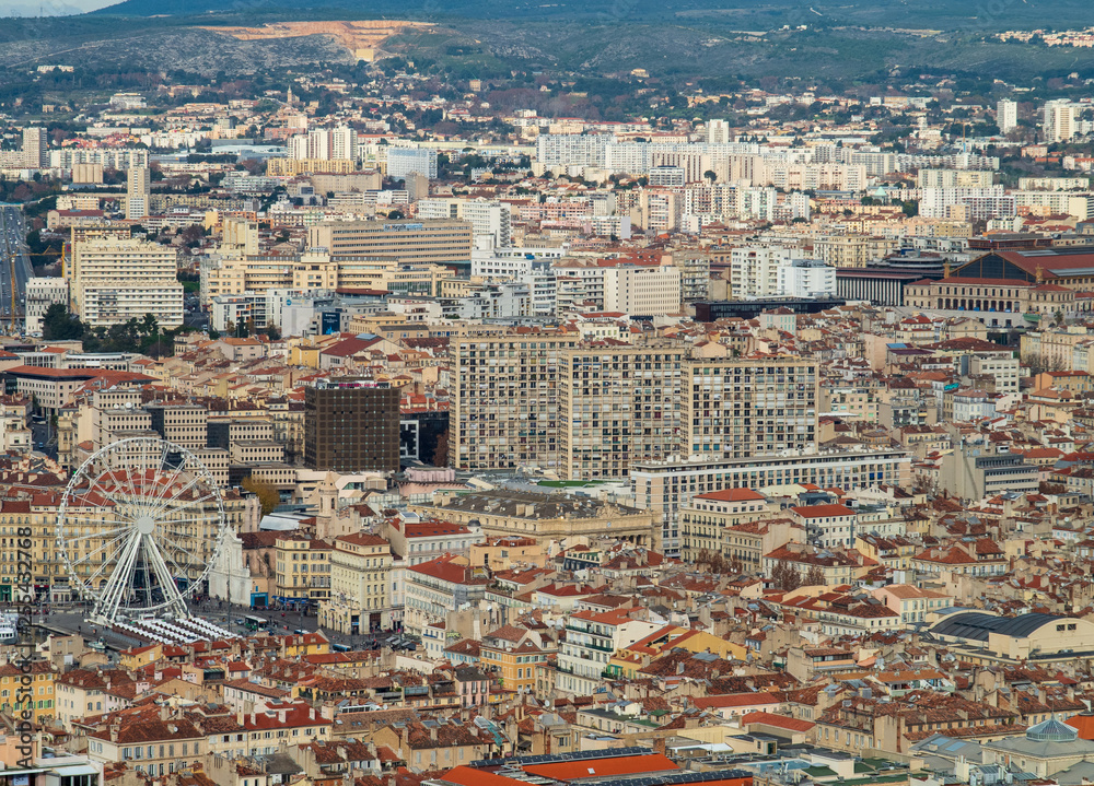 City scape of Marseille from hill of Notre-Dame de la Garde or,  Catholic basilica in Marseille.