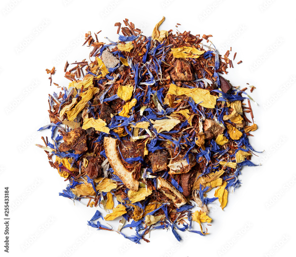 Obraz premium Rooibos tea with cornflower and orange slices on white background. Top view. Close up. High resolution