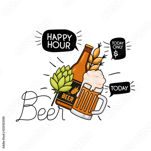 happy hour label with beer isolated icon