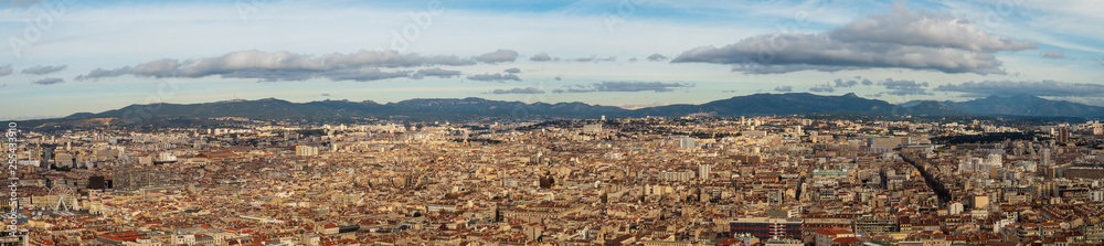 Panorama of Marseille city from hill of Notre-Dame de la Garde or,  Catholic basilica in Marseille.