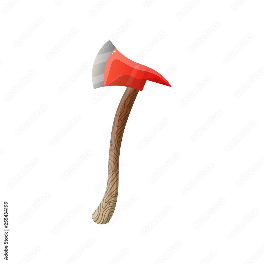 Red steel fire ax with wooden handle flat icon isolated on white background Red steel fire ax with wooden handle flat icon isolated on white background