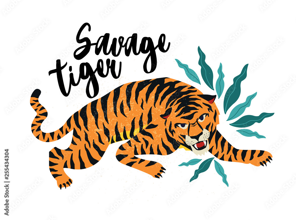 Savage Tiger. Vector illustration of tiger with tropical leaves. Trendy design for card, poster, tshirt. Savage Tiger. Vector illustration of tiger with tropical leaves. Trendy design for card, poster, tshirt.